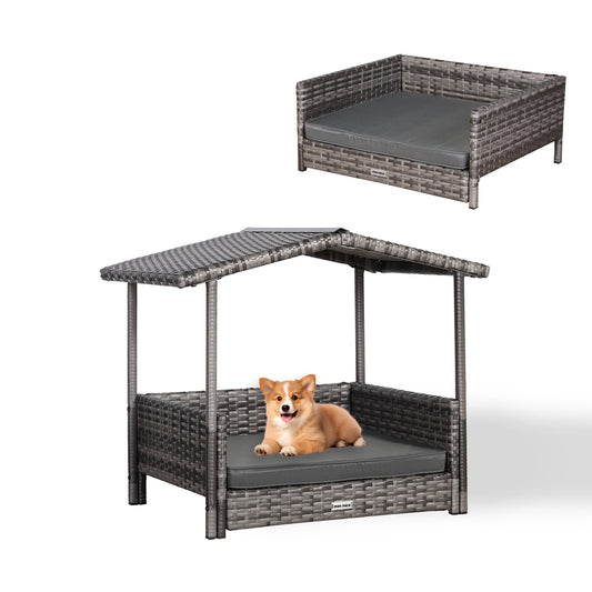 IN STOCK | Nest Range - Wicker Raised Dog House | Rattan Dog Bed for Indoor/Outdoor with Removable Roof & Cushion (Grey) - Available in S, M, L