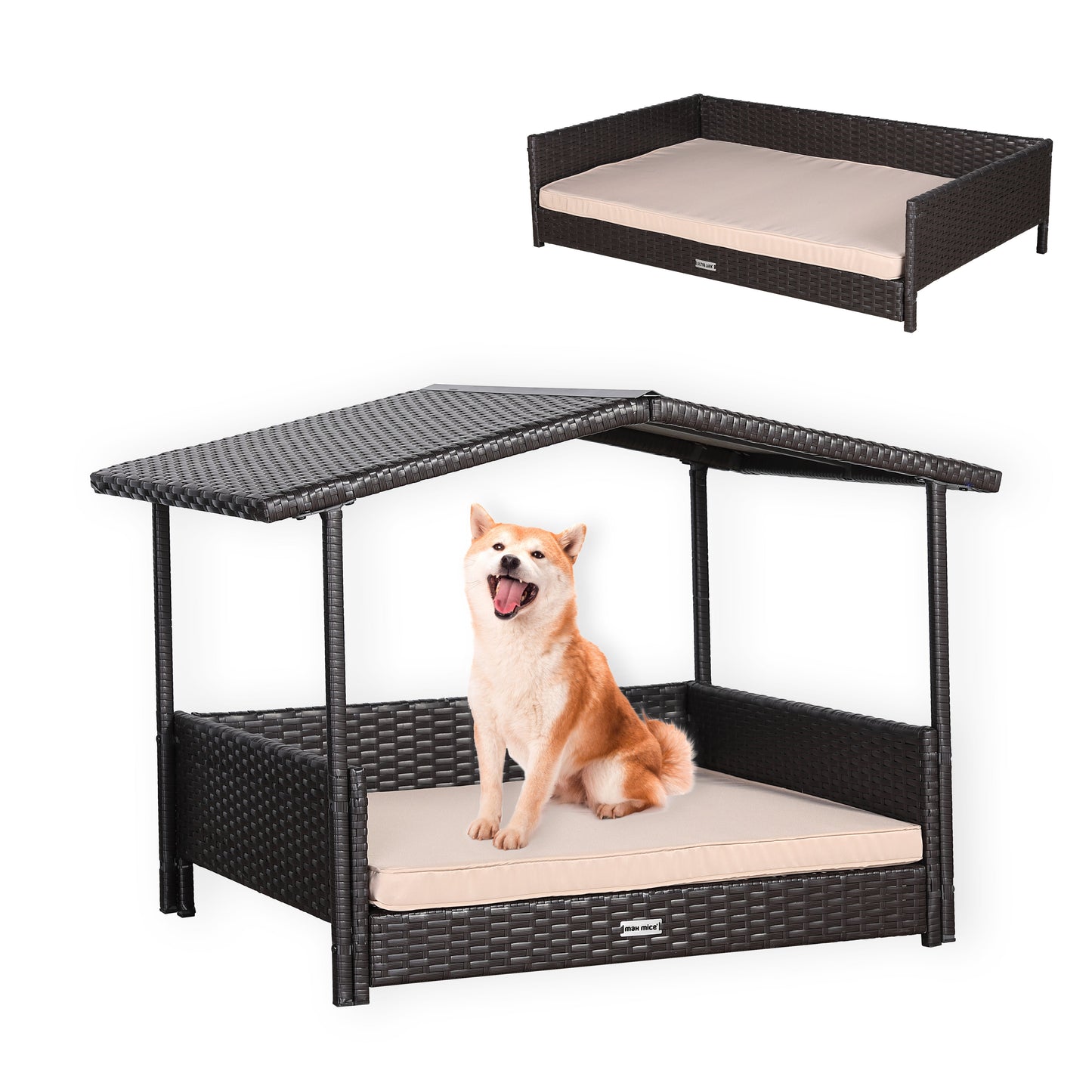 IN STOCK | Nest Range - Wicker Raised Dog House | Rattan Dog Bed for Indoor/Outdoor with Removable Roof & Cushion (Brown) - Available in S, M, L