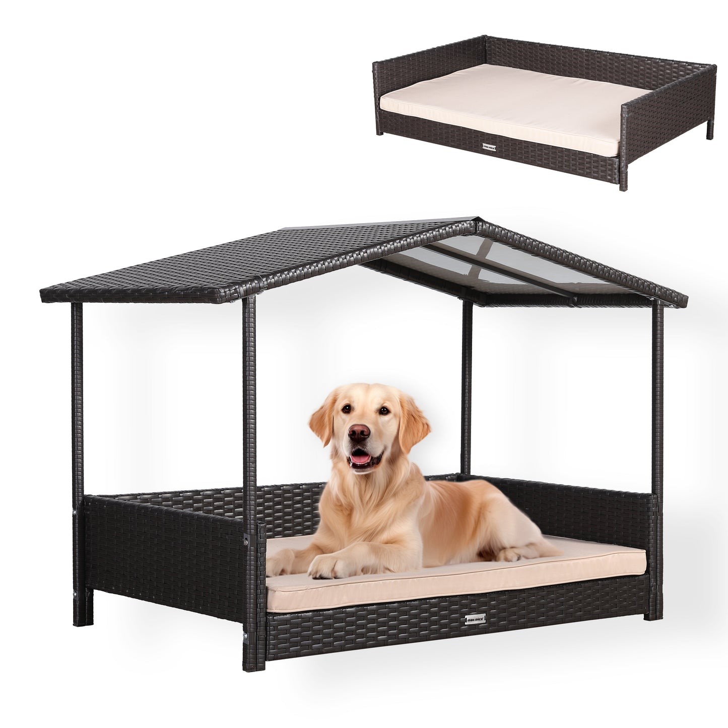 IN STOCK | Nest Range - Wicker Raised Dog House | Rattan Dog Bed for Indoor/Outdoor with Removable Roof & Cushion (Brown) - Available in S, M, L